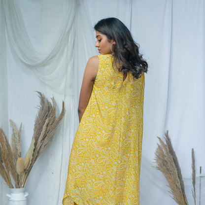 Lime Yellow Floral Printed Drape Dress
