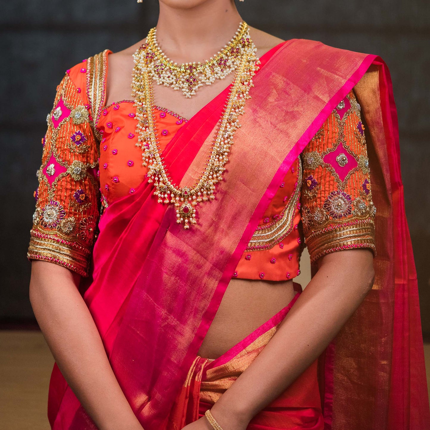 Red-Orange Hand Embroidered Bridal Blouse (excluding fabric cost)