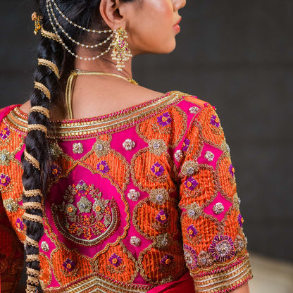 Red-Orange Hand Embroidered Bridal Blouse (excluding fabric cost)