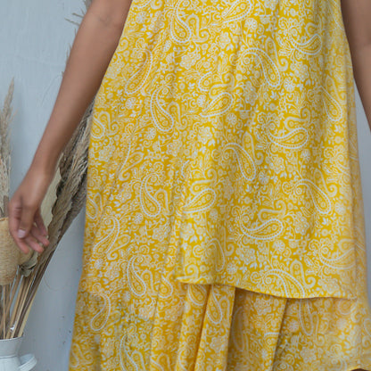 Lime Yellow Floral Printed Drape Dress