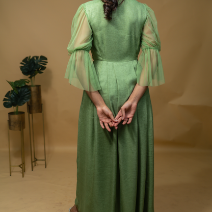 Pickle Green Net Georgette Dress With Motifs