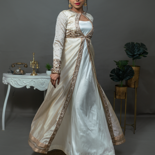 Tussar Silk  Hand Embroidered Off-White Jacket Dress