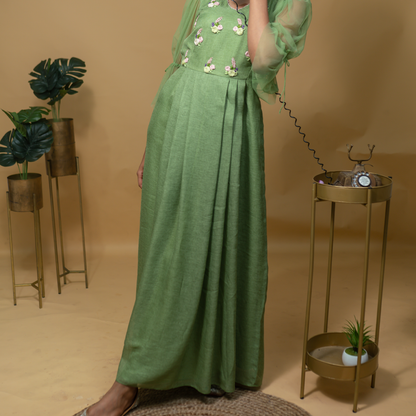 Pickle Green Net Georgette Dress With Motifs