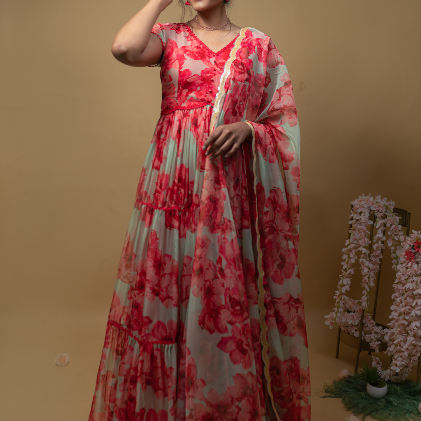Floral Printed Organza Layered Dress