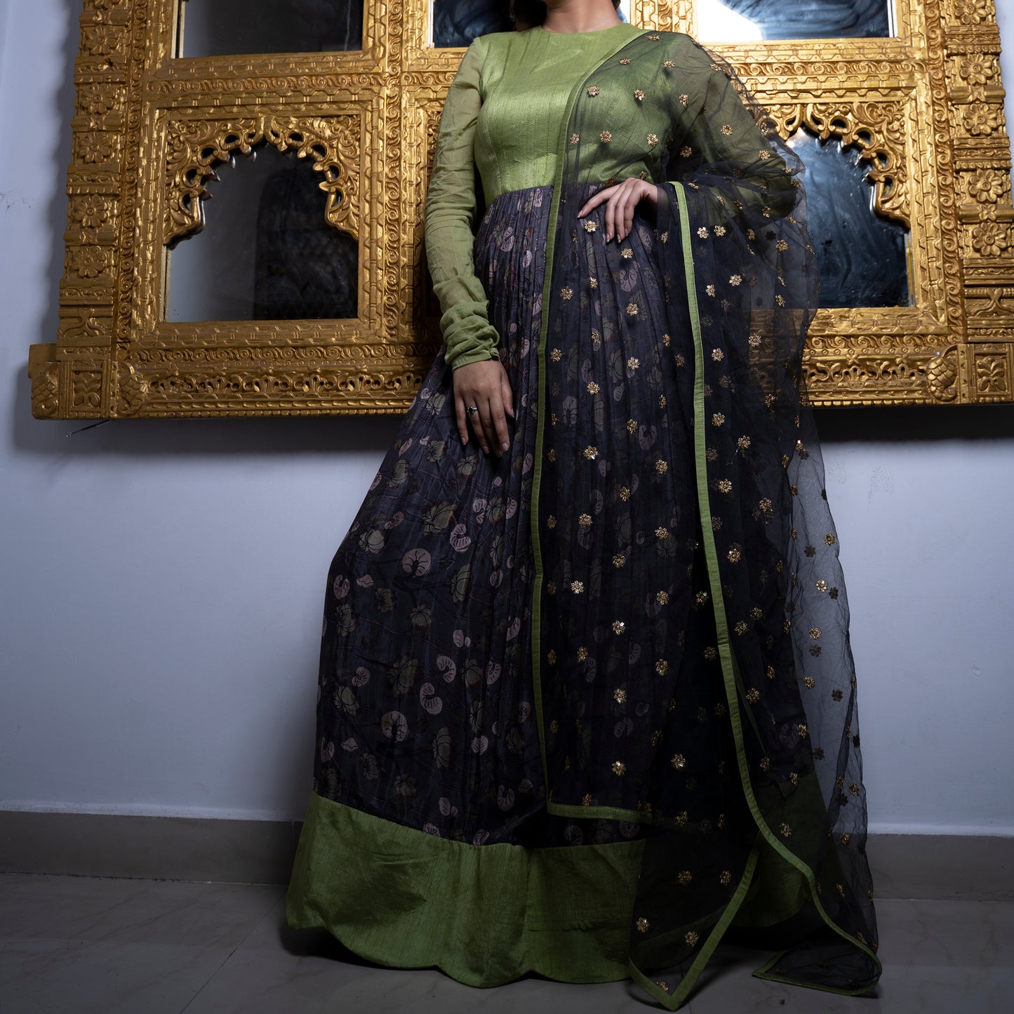 Pear Green & Smoke Grey Long Dress with Dhupatta