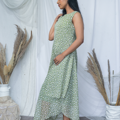 Teal Green Georgette Floral Printed Drape Dress