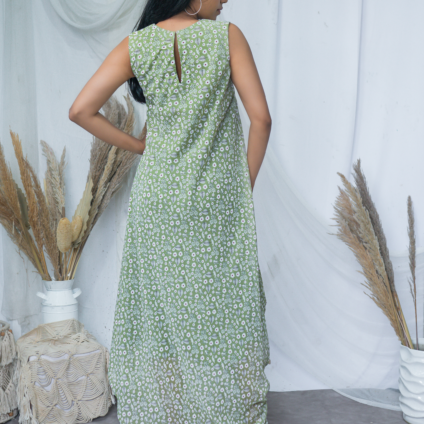 Teal Green Georgette Floral Printed Drape Dress
