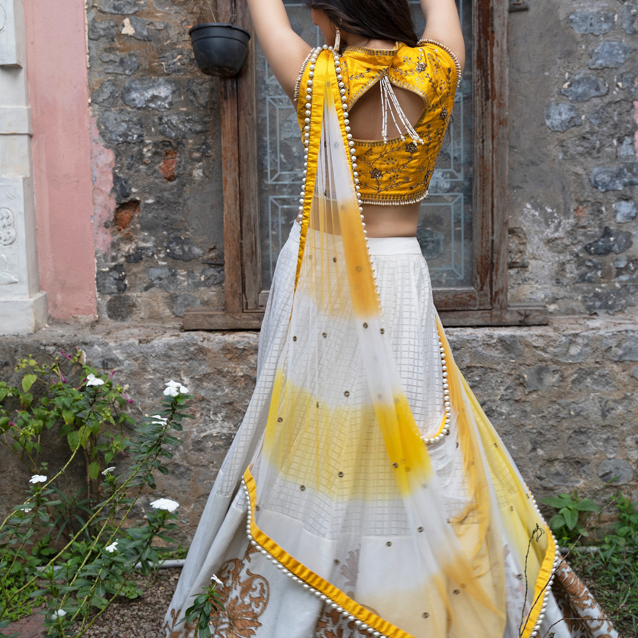 Yellow Embroidered Georgette Lehenga – Lashkaraa