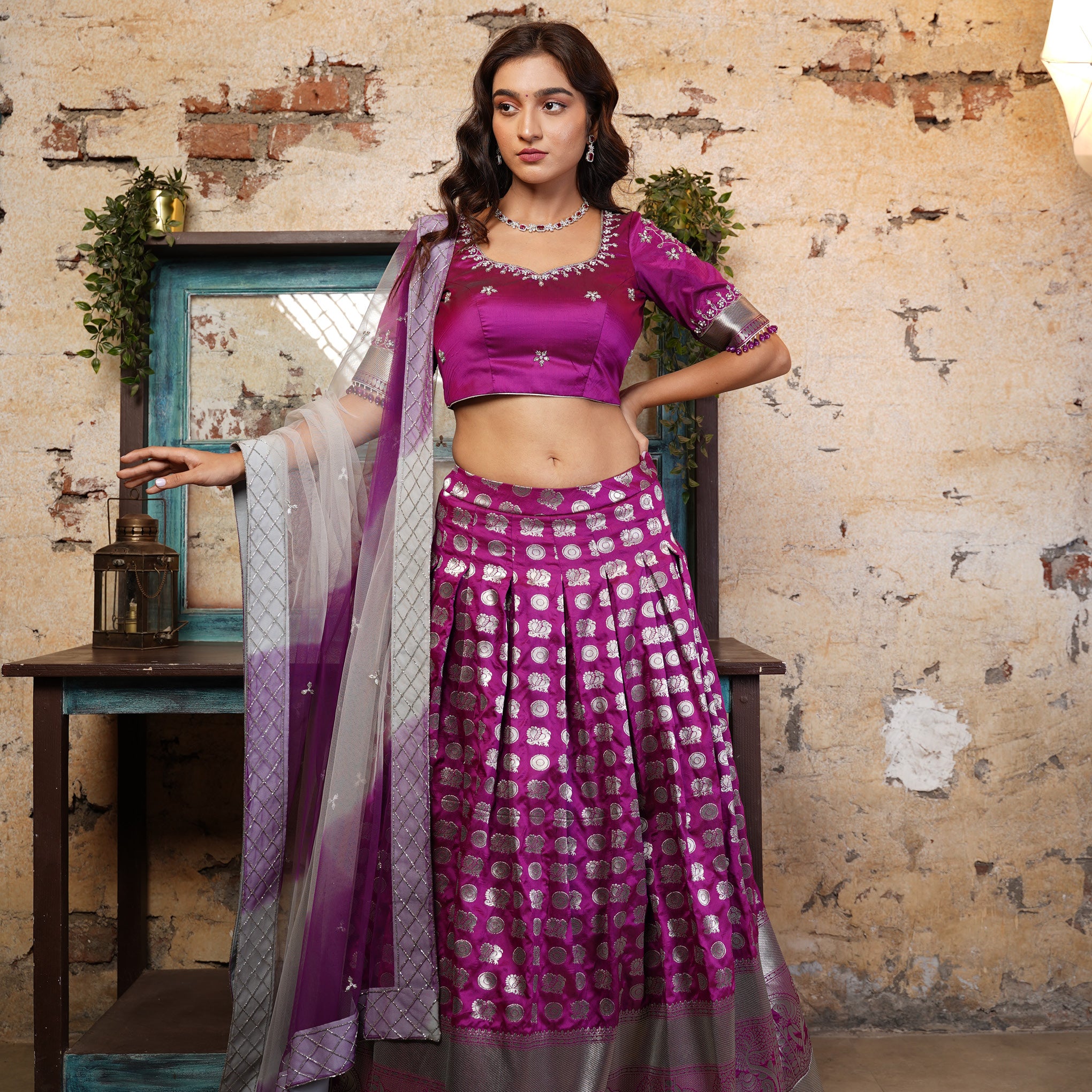 Orange Banarasi Silk Jacquard Half Saree With Contrast Violet Colour E